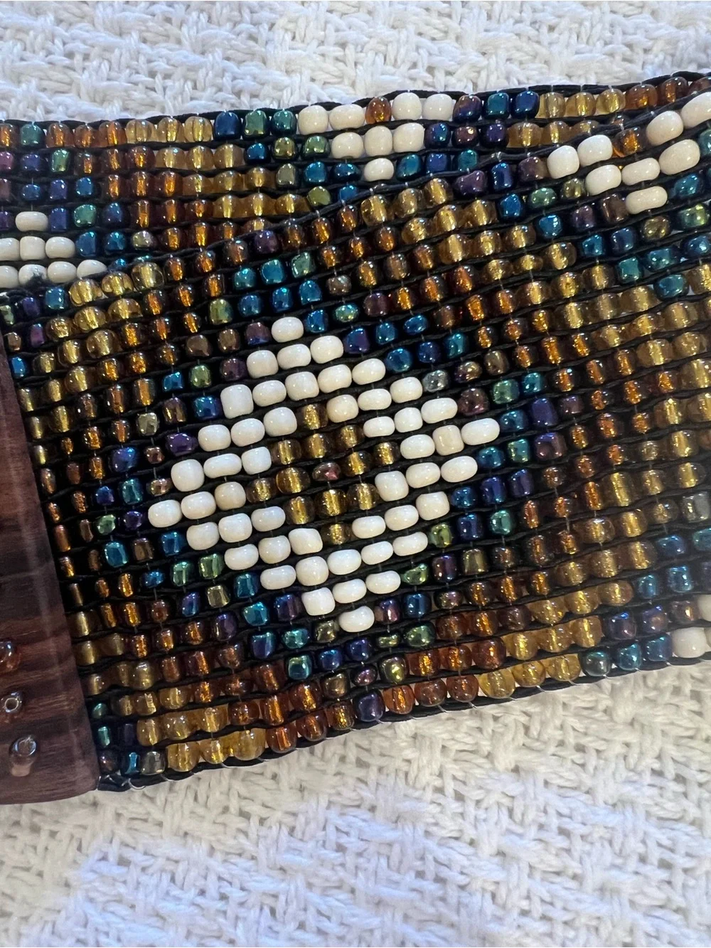 Hand-Beaded Earth Tone Women's Waist Belt with Wooden Buckle